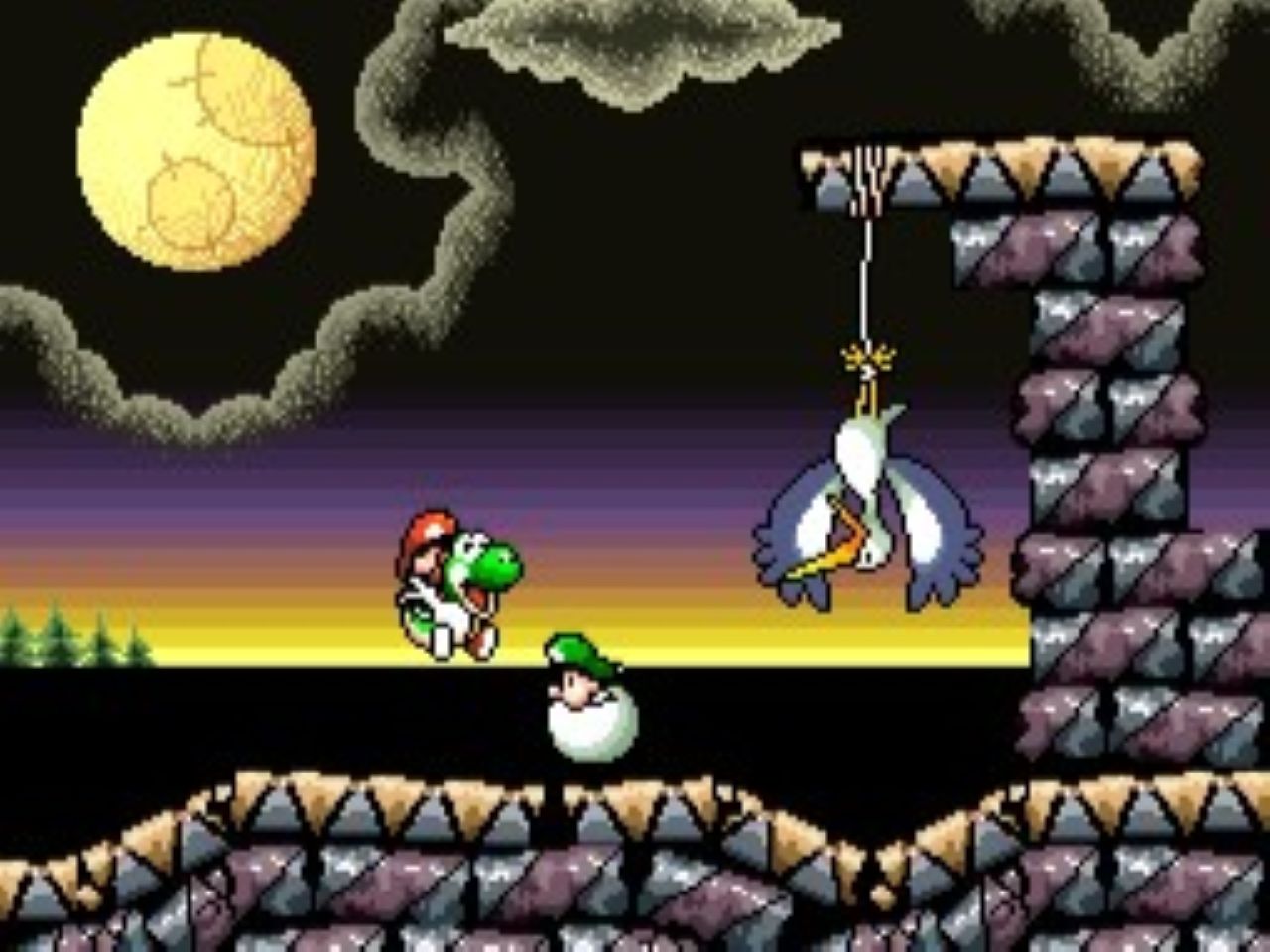 Videospielszene aus Yoshi’s Island: Ein Storch fliegt mit Baby Mario über eine farbenfrohe Cartoon-Landschaft